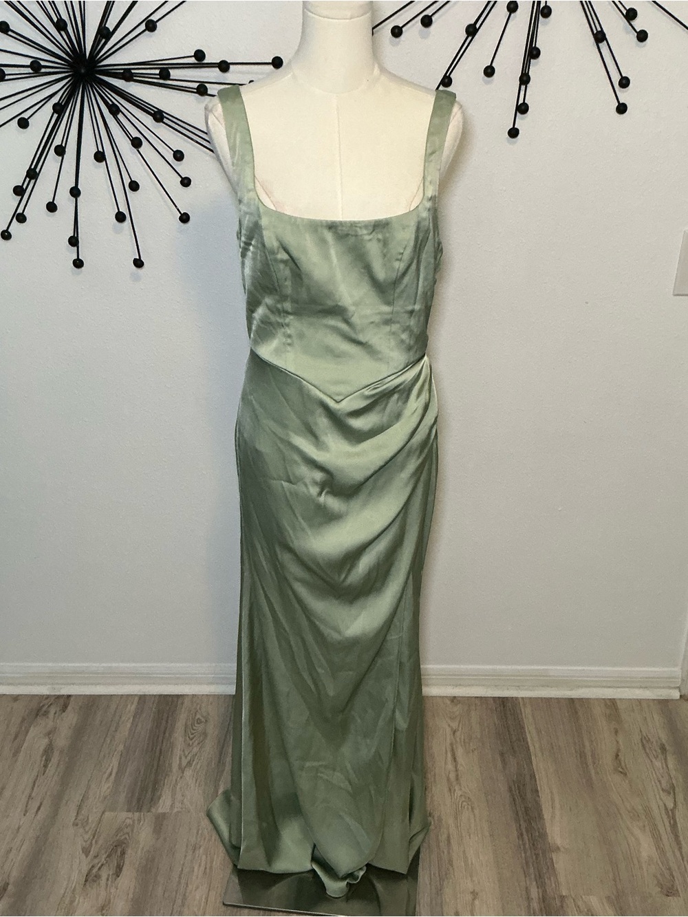 Azazie Sage Green Satin Formal Dress + Shawl Size A8